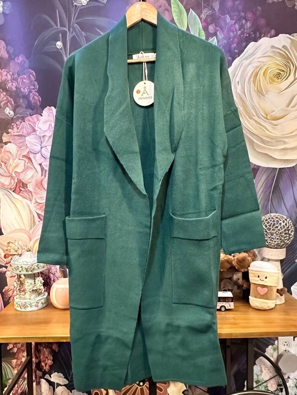 ANRABESS M Longline Coatigan NWT Open Front Cardigan Quiet Luxury Classic Green